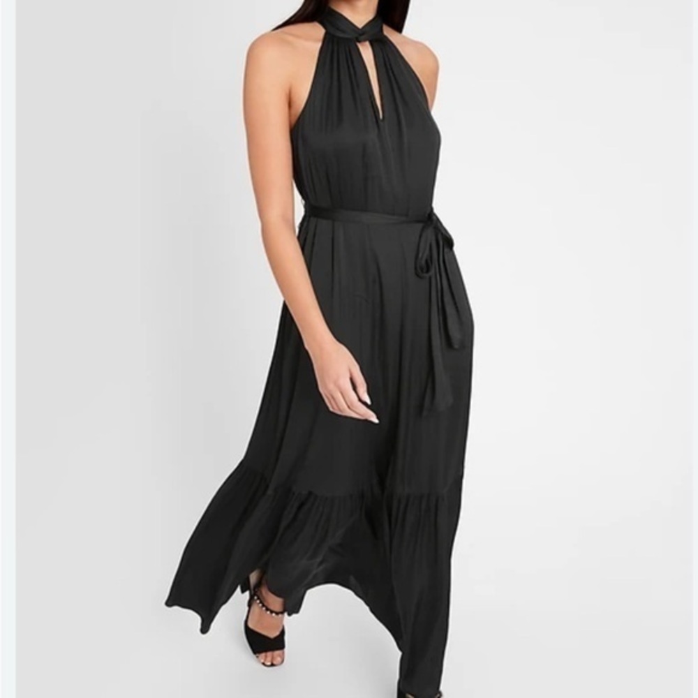 Banana Republic Elegant Black Satin Twisted Halter Maxi Dress 6 Tall - Picture 1 of 8
